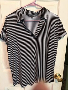 Adrianna Papell Black and White Vertical Stripe V-Neck Polo Blouse